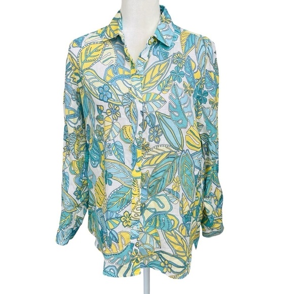 J McLaughlin Women’s Linen Shirt Aqua Yellow Tropical Print Button Down NWT $188 - Picture 3 of 15